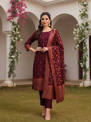 burgundy color woven design poly chanderi styles kurta trouser with dupatta 2