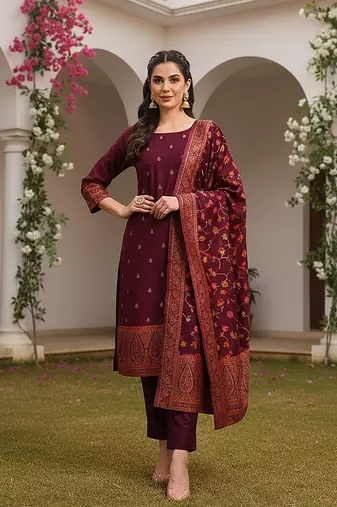 burgundy color woven design poly chanderi styles kurta trouser with dupatta