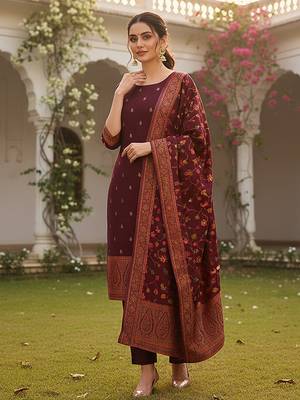 burgundy color woven design poly chanderi styles kurta trouser with dupatta 3