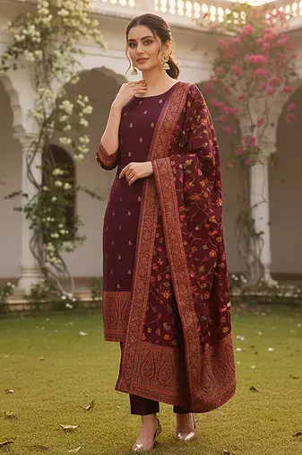 burgundy color woven design poly chanderi styles kurta trouser with dupatta