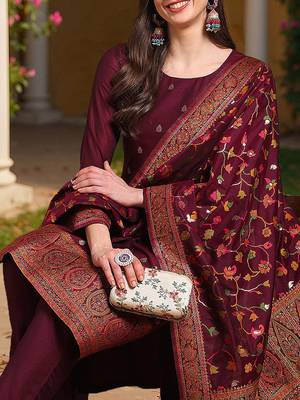 burgundy color woven design poly chanderi styles kurta trouser with dupatta 4