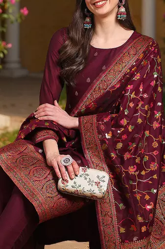 burgundy color woven design poly chanderi styles kurta trouser with dupatta