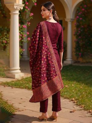 burgundy color woven design poly chanderi styles kurta trouser with dupatta 5