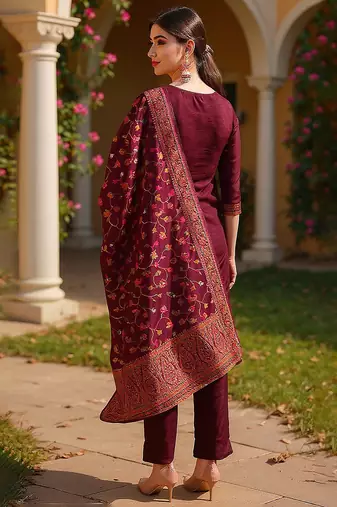 burgundy color woven design poly chanderi styles kurta trouser with dupatta