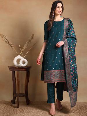 teal color woven design poly chanderi styles kurta trouser with dupatta 1