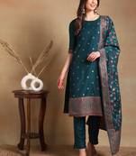 teal color woven design poly chanderi styles kurta trouser with dupatta