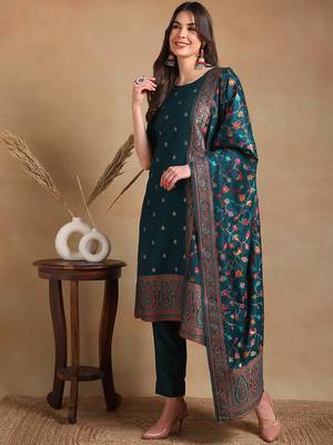 teal color woven design poly chanderi styles kurta trouser with dupatta 2