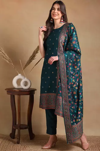 teal color woven design poly chanderi styles kurta trouser with dupatta
