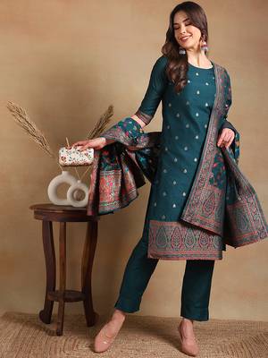 teal color woven design poly chanderi styles kurta trouser with dupatta 3