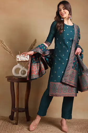teal color woven design poly chanderi styles kurta trouser with dupatta