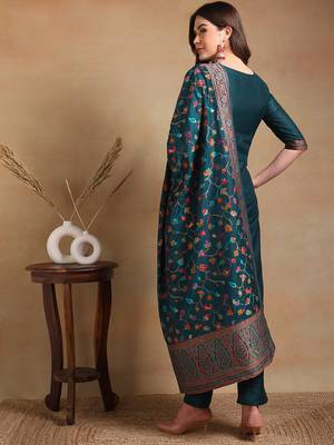 teal color woven design poly chanderi styles kurta trouser with dupatta 4
