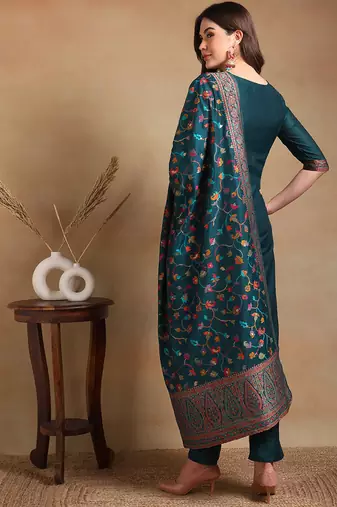 teal color woven design poly chanderi styles kurta trouser with dupatta