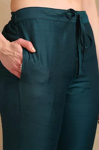 teal color woven design poly chanderi styles kurta trouser with dupatta