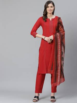 red color solid rayon blend styles kurta trouser with dupatta 1