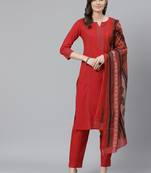 red color solid rayon blend styles kurta trouser with dupatta