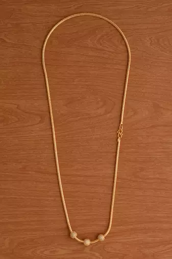 Golden mugappu necklace MEDIUM length with three white stone balls one gram gold
