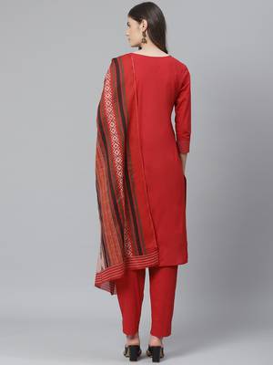 red color solid rayon blend styles kurta trouser with dupatta 4