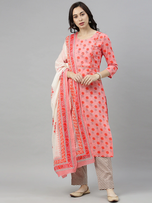 pink color printed pure cotton styles kurta trouser with dupatta 1