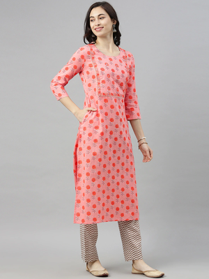 pink color printed pure cotton styles kurta trouser with dupatta 3