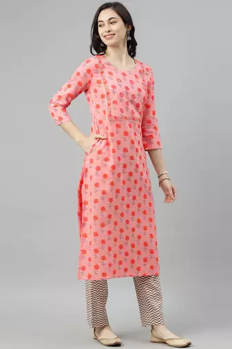pink color printed pure cotton styles kurta trouser with dupatta