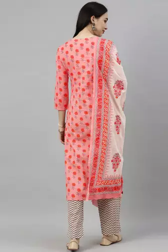 pink color printed pure cotton styles kurta trouser with dupatta