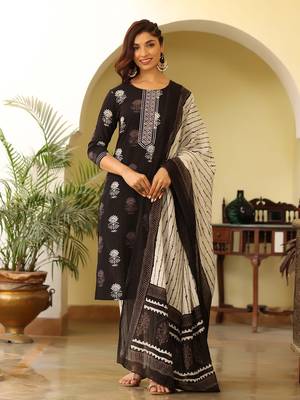 black color printed rayon blend styles kurta trouser with dupatta 1