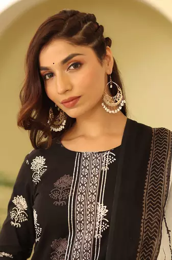 black color printed rayon blend styles kurta trouser with dupatta