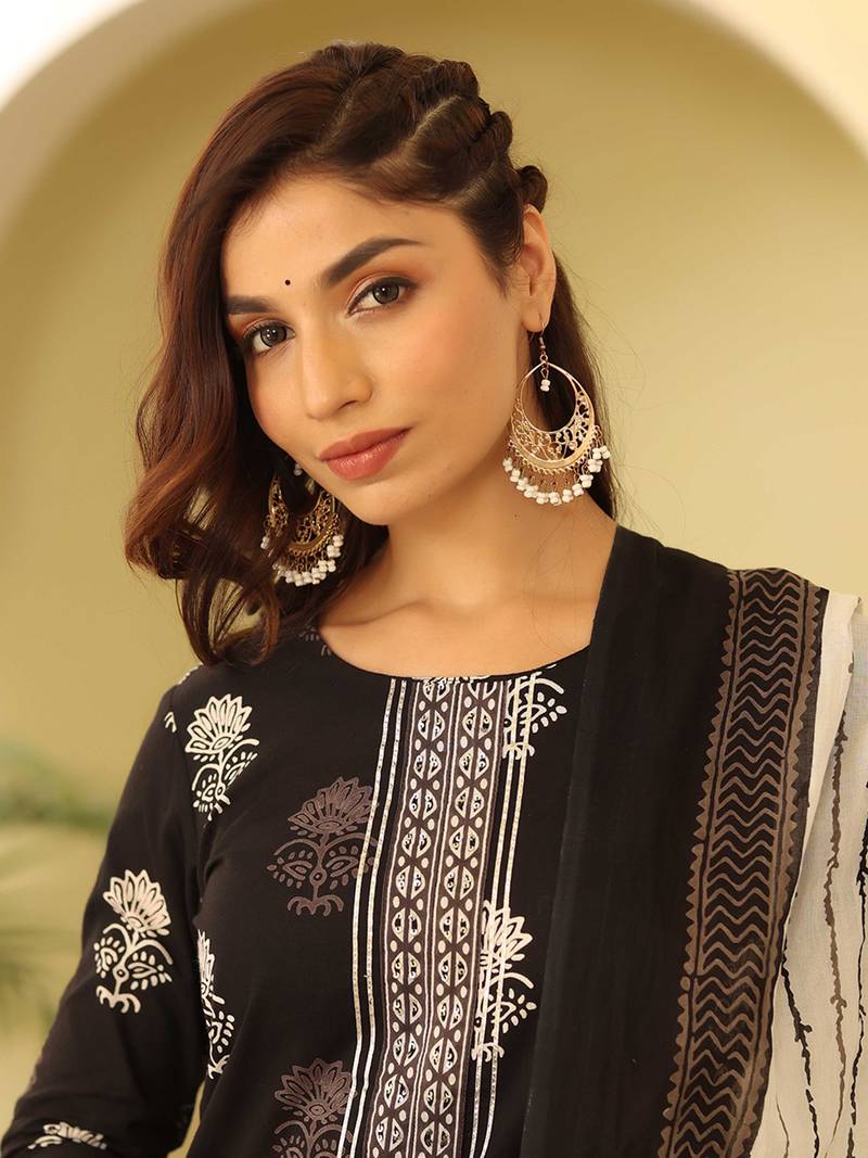 black color printed rayon blend styles kurta trouser with dupatta