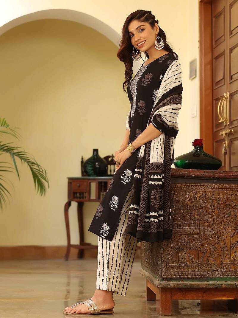 black color printed rayon blend styles kurta trouser with dupatta