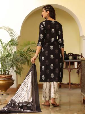 black color printed rayon blend styles kurta trouser with dupatta 4