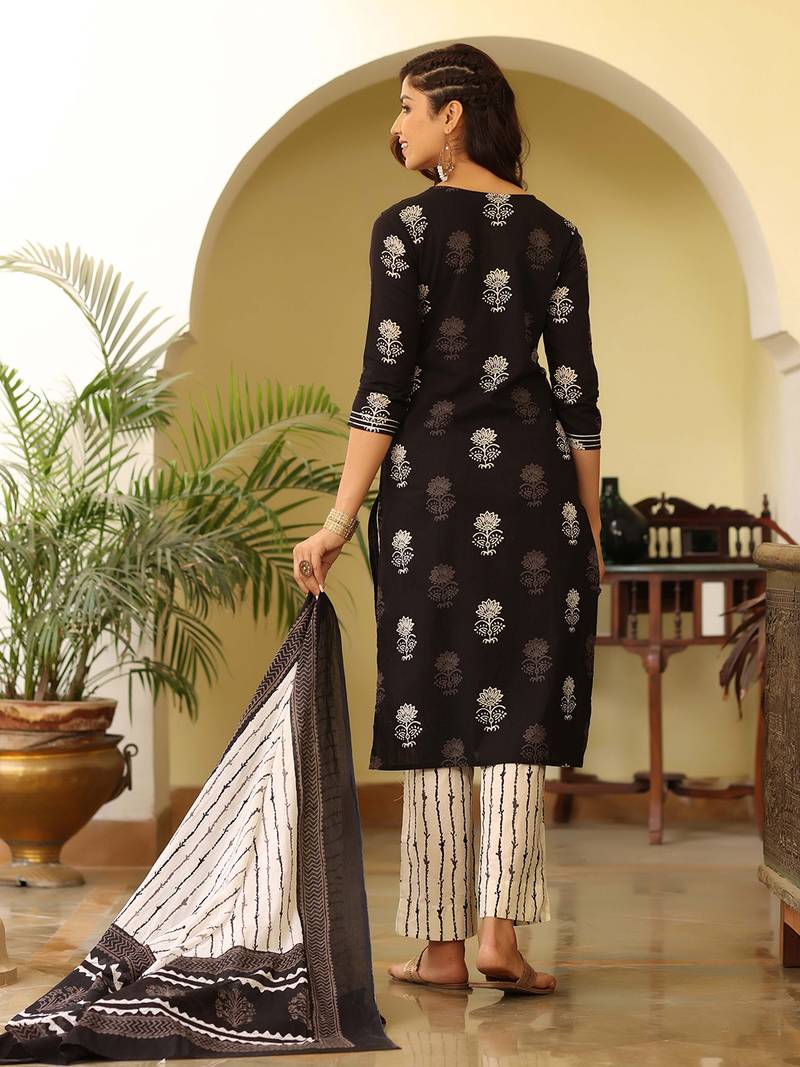 black color printed rayon blend styles kurta trouser with dupatta