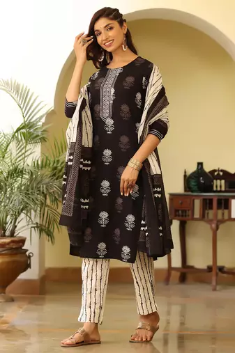 black color printed rayon blend styles kurta trouser with dupatta