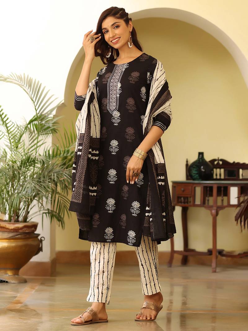 black color printed rayon blend styles kurta trouser with dupatta