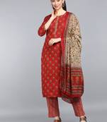 maroon color printed pure cotton styles kurta trouser with dupatta