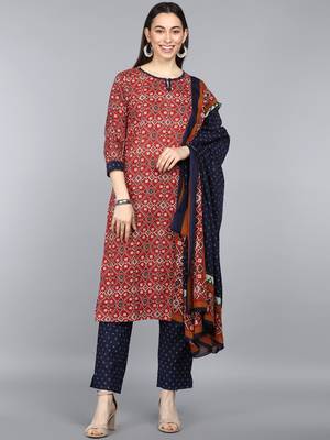 maroon color printed pure cotton styles kurta trouser with dupatta 1