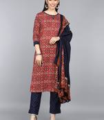 maroon color printed pure cotton styles kurta trouser with dupatta