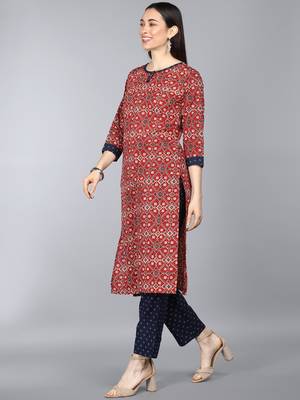 maroon color printed pure cotton styles kurta trouser with dupatta 3