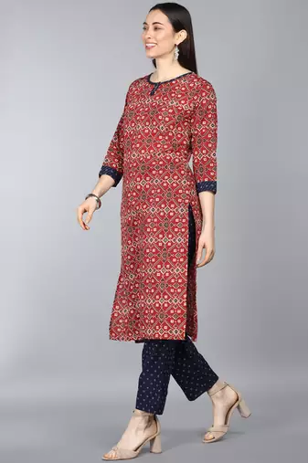 maroon color printed pure cotton styles kurta trouser with dupatta