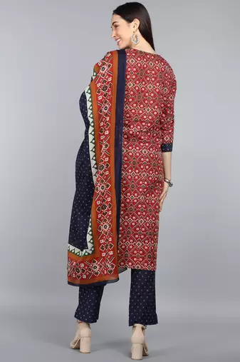 maroon color printed pure cotton styles kurta trouser with dupatta