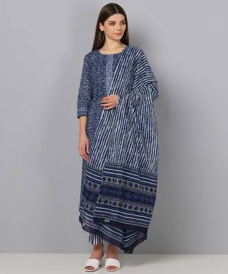 blue color printed pure cotton styles kurta trouser with dupatta 1