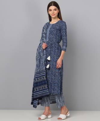 blue color printed pure cotton styles kurta trouser with dupatta 3