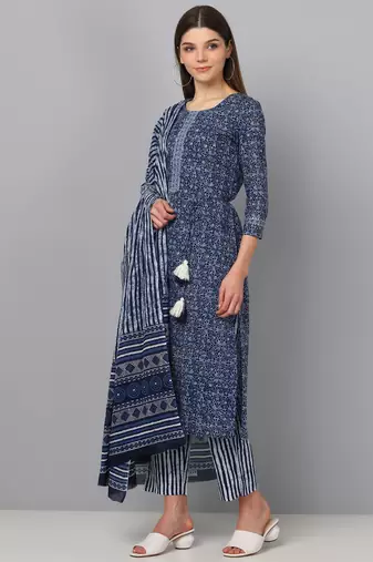 blue color printed pure cotton styles kurta trouser with dupatta