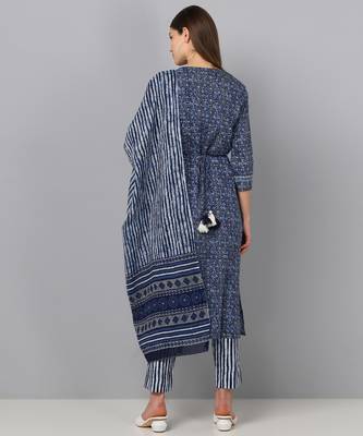 blue color printed pure cotton styles kurta trouser with dupatta 4