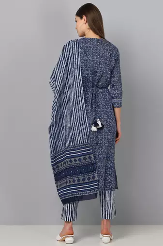 blue color printed pure cotton styles kurta trouser with dupatta