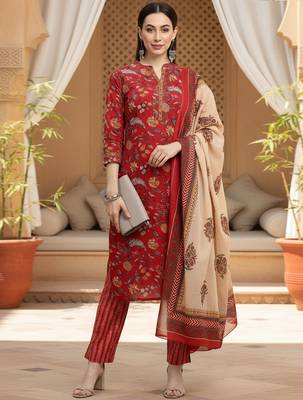 red color printed pure cotton styles kurta trouser with dupatta 1