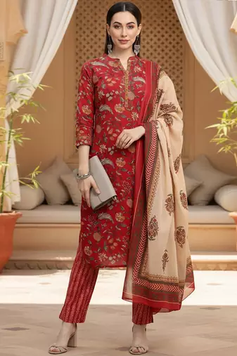 red color printed pure cotton styles kurta trouser with dupatta