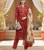 red color printed pure cotton styles kurta trouser with dupatta