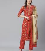red color printed pure cotton styles kurta trouser with dupatta