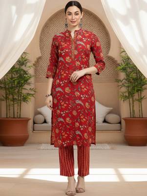 red color printed pure cotton styles kurta trouser with dupatta 2