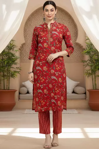 red color printed pure cotton styles kurta trouser with dupatta